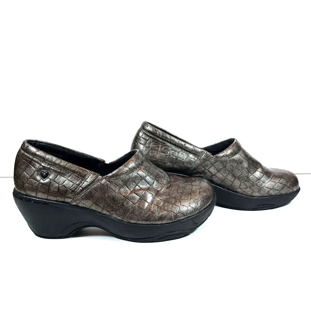 Nurse Mates Pillowtop Womens Bronze Croc Slip On Clogs Shoes Size 9M